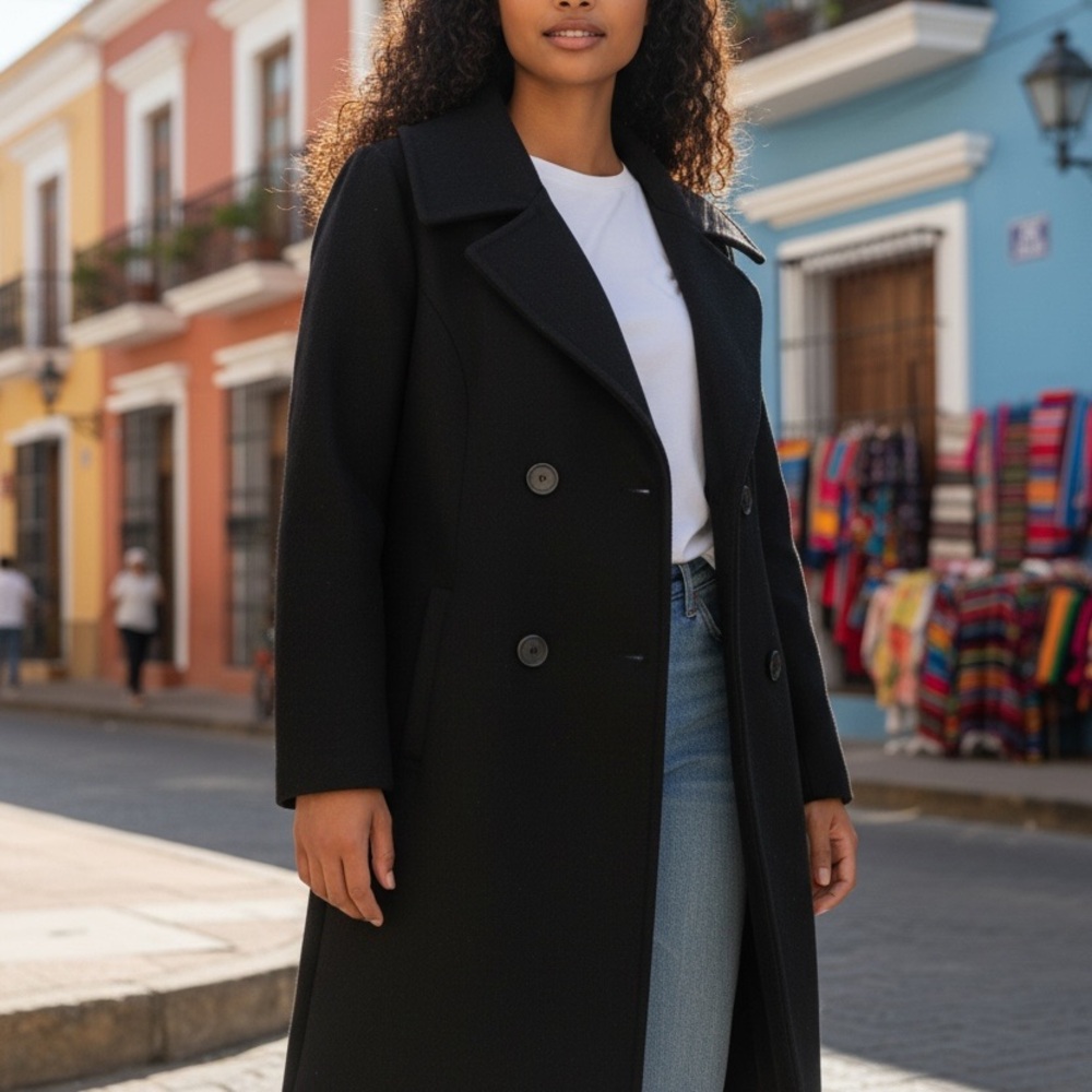 Size 10, 1960-1970 vintage wool wide collar black coat.